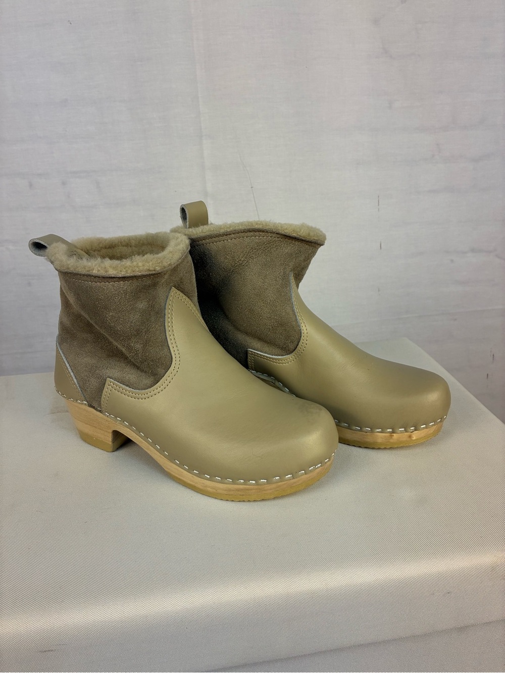 No.6 Mid-Heel Shearling Clog Boots in Clay 41